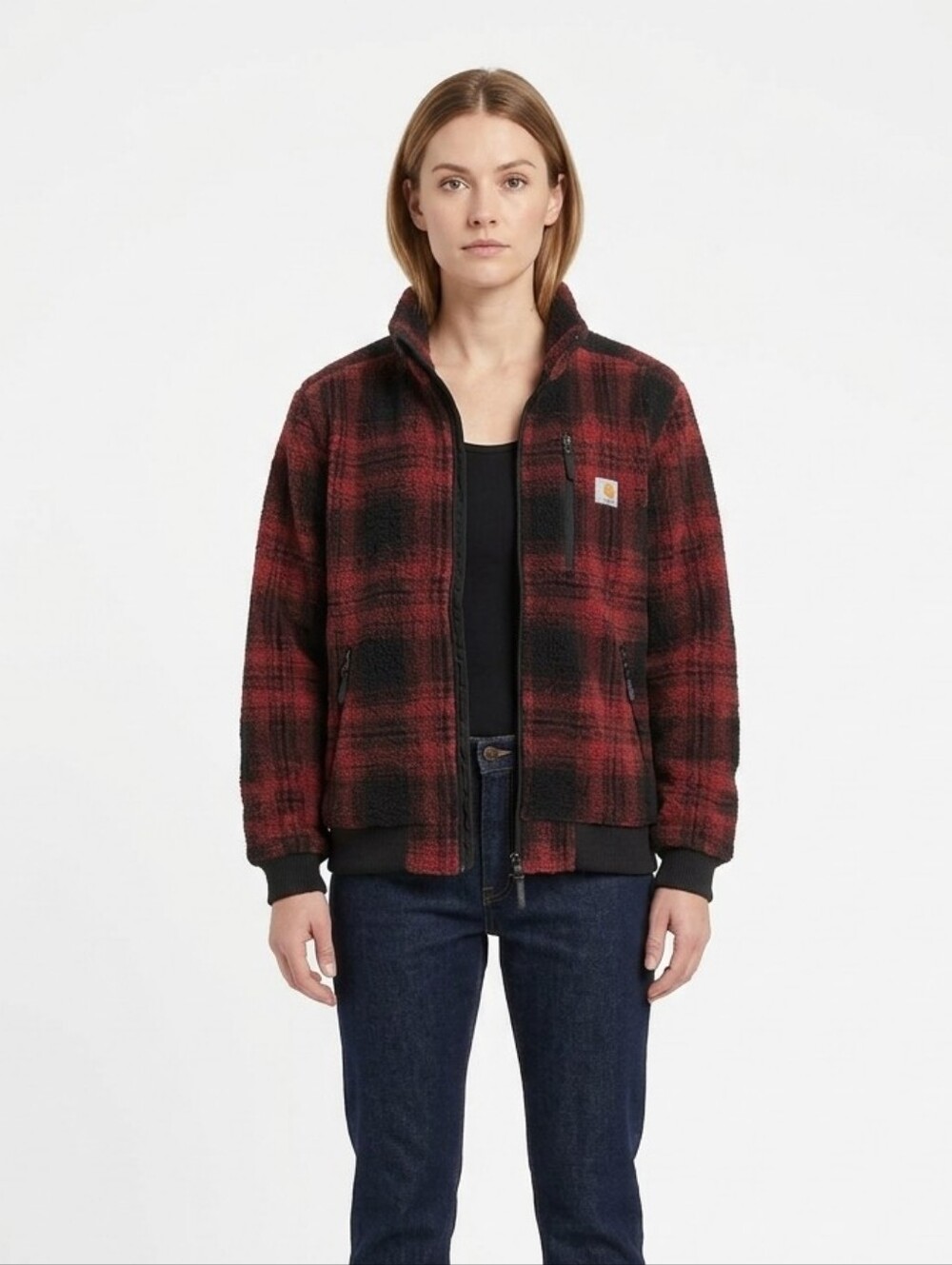 Carhartt Womens High Pile Sherpa Fleece Full Zip Jacket XXL Red Black Plaid Coat